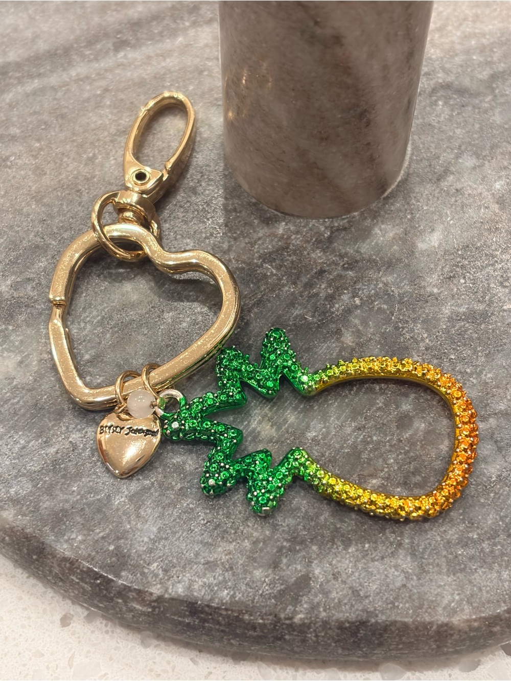 Gold Heart Keychain with Green-Yellow-Orange Crystal Charm